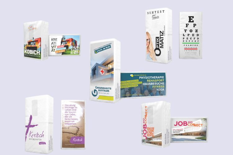 verschiedene bedruckte taschentuchpäckchen mit werbung und logo - vielfältige werbemittel für jede branche