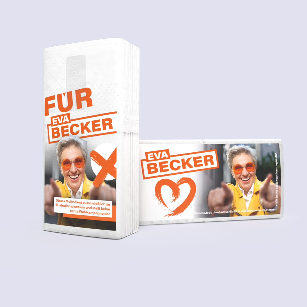 Bedruckte Werbe-Taschentücher für Wahlkampagne – Mit Kandidaten-Profil & Partei-Logo