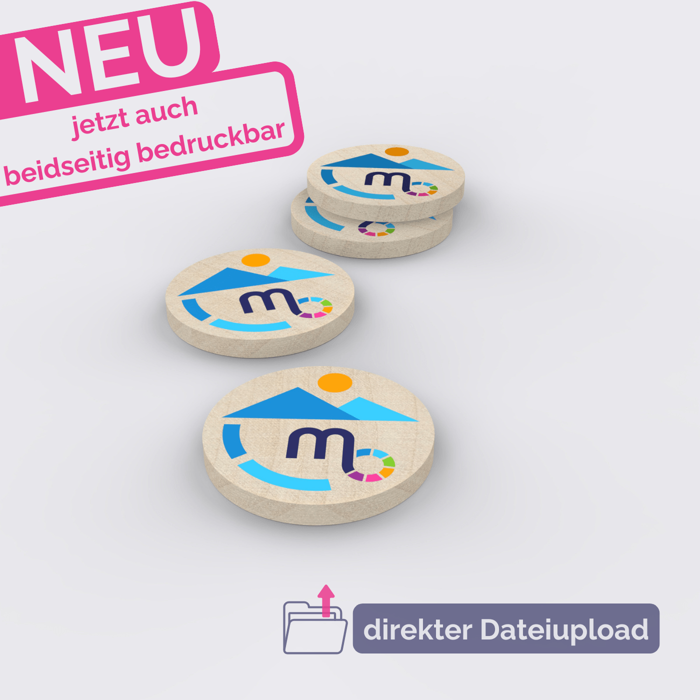 Einkaufswagenchips aus Holz ein- oder beidseitig mit eigenem Logo bedrucken lassen