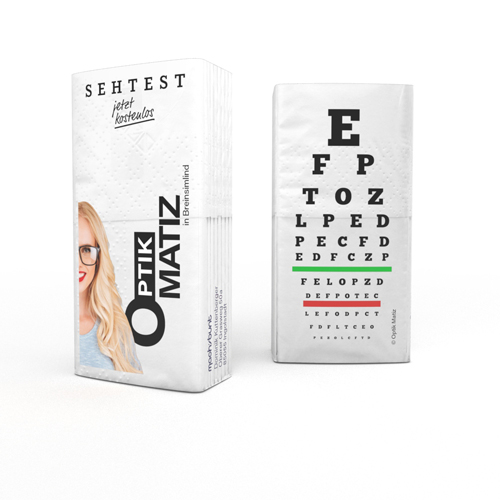 Werbe-Taschentücher mit Optiker-Logo – Praktisches Giveaway für Brillen- & Sehberatung