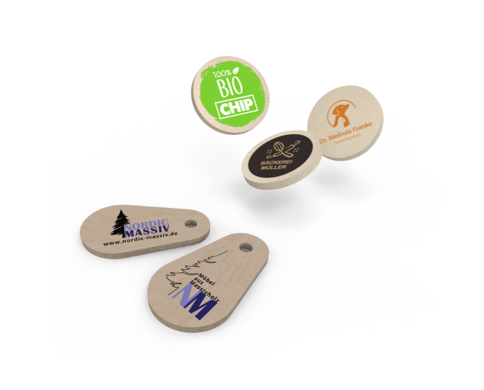 Holz Einkaufschips und Holz Einkaufswagenlöser als Werbeartikel bedrucken lassen mit eigenem Logo
