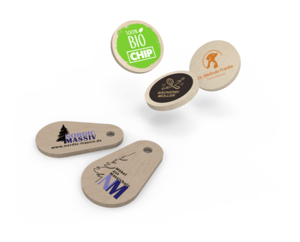 Holz Einkaufschips und Holz Einkaufswagenlöser als Werbeartikel bedrucken lassen mit eigenem Logo