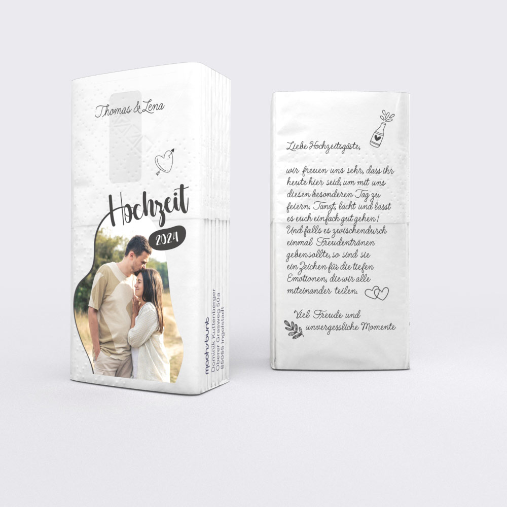personalisierte hochzeitstaschentücher mit brautpaar-motiv & romantischem spruch