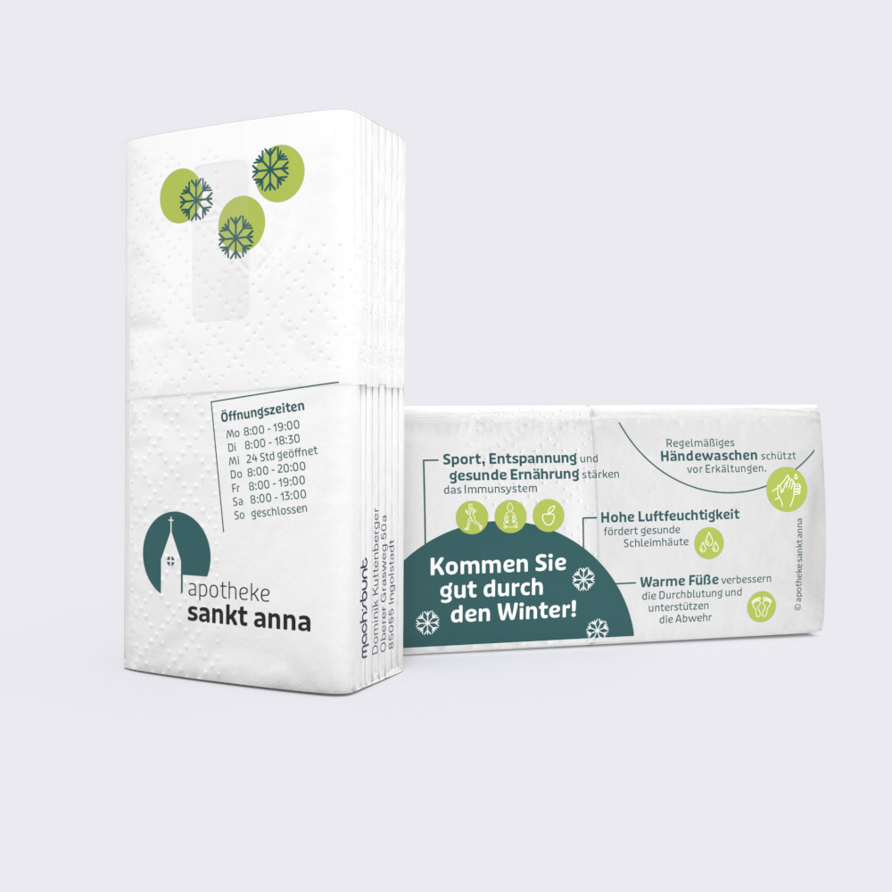Bedruckte Maxi-Taschentücher – Individuelles Werbemittel für Apotheken & Gesundheitsdienste